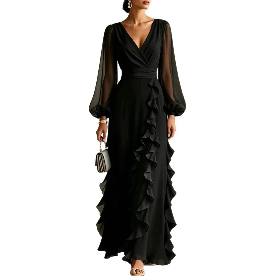 Pleated V Neck Gown Slim Fit Socialite Style with Elegant Party Dresses Elegant Pleated Dress a Line Mid Waist Autumn for Women