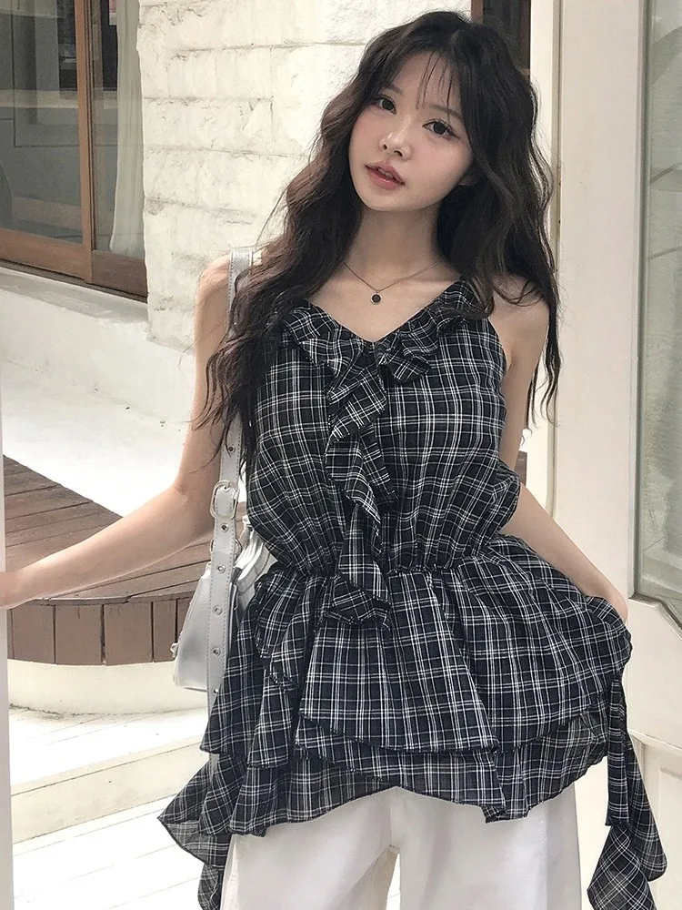 Summer Plaid Strap Dress Women's French Style Cotton Polyester Gored Hem Vintage Checkered Print off Shoulder  Dress