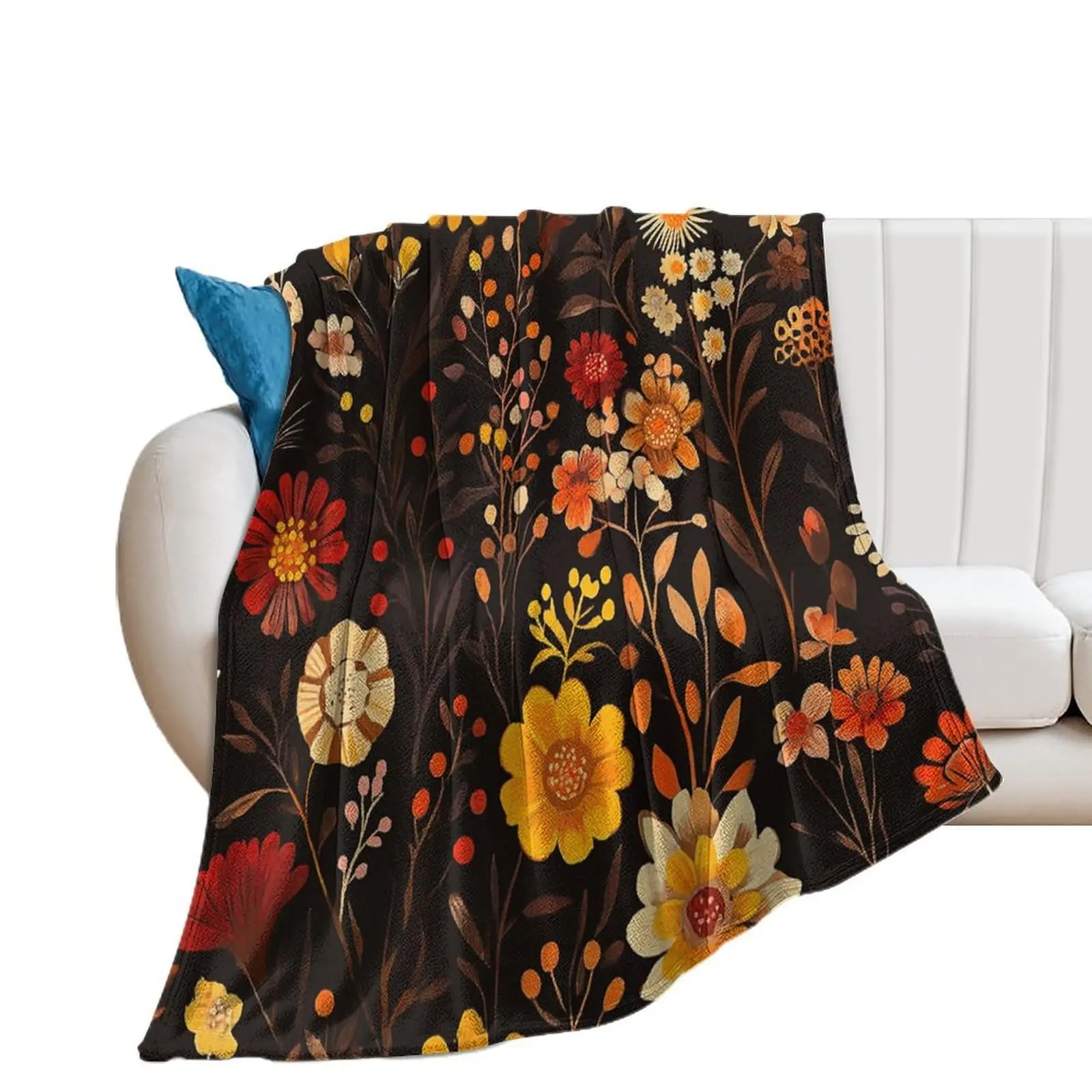 Spring Garden Floral Throw Blanket, Soft Cozy Farmhouse Botanical Wild Flower Flannel Fleece Blanket for Bed Sofa Travel Camping