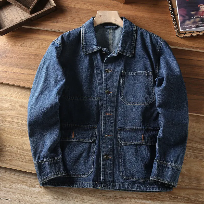Men Washed Distressed Multi Pocket Denim Jacket Lapel Collar Loose Streetwear Workwear Rugged Layering Fall Outerwear
