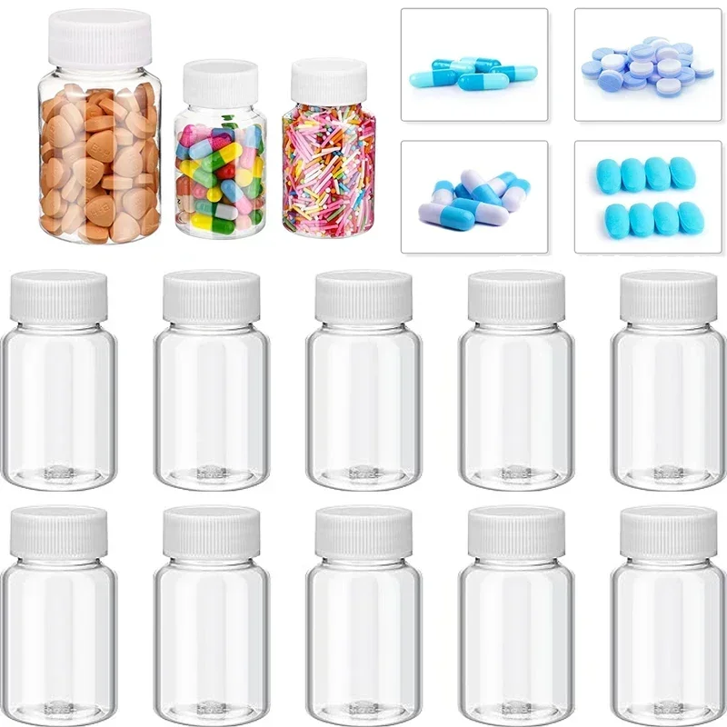 100Pcs 15/20/30/50/60/80/100ML Refillable Clear Plastic Medicine Bottles Designed for Mini Travel Pill Powder Tablet Dispensing