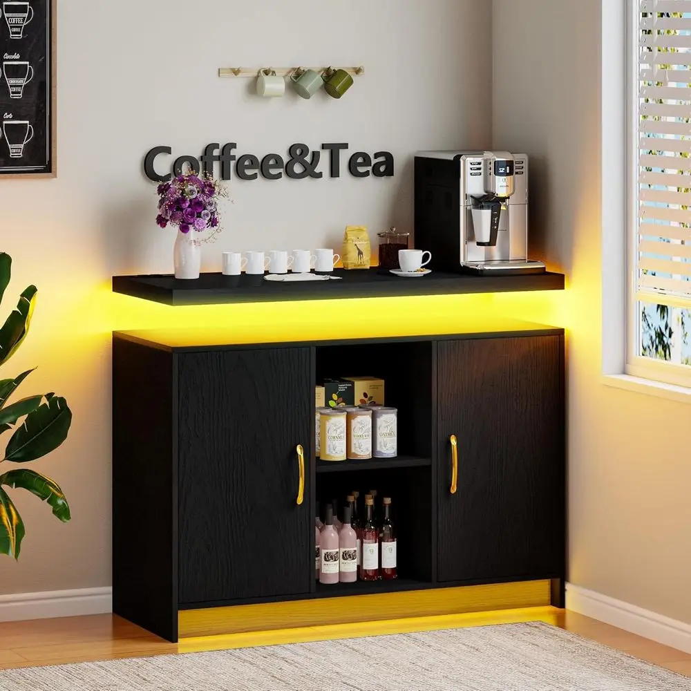 

Bar Cabinet with LED, Sideboard Buffet Cabinet with Storage, Coffee Station Cabinet with Charging Station, Black Coffee Bar for