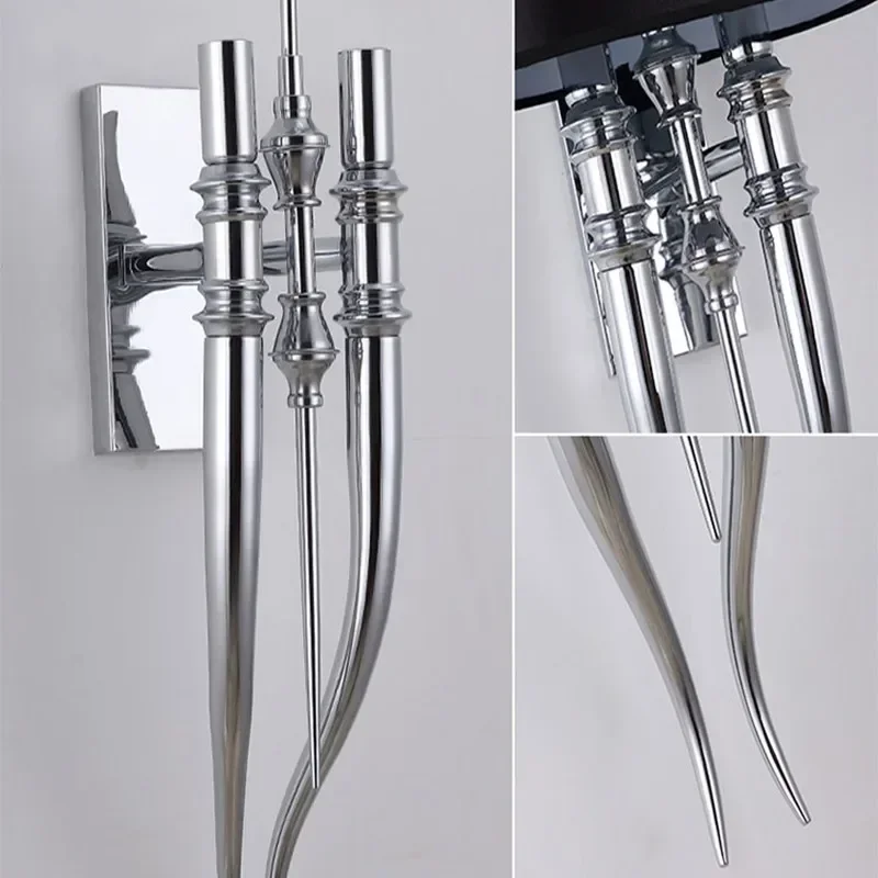 

Modern Iron Claw Horn Cloth Wall Light Bedroom Bedside Wall Lamp E27 Luminaire Double Slider Wall Sconce Light Fixtures