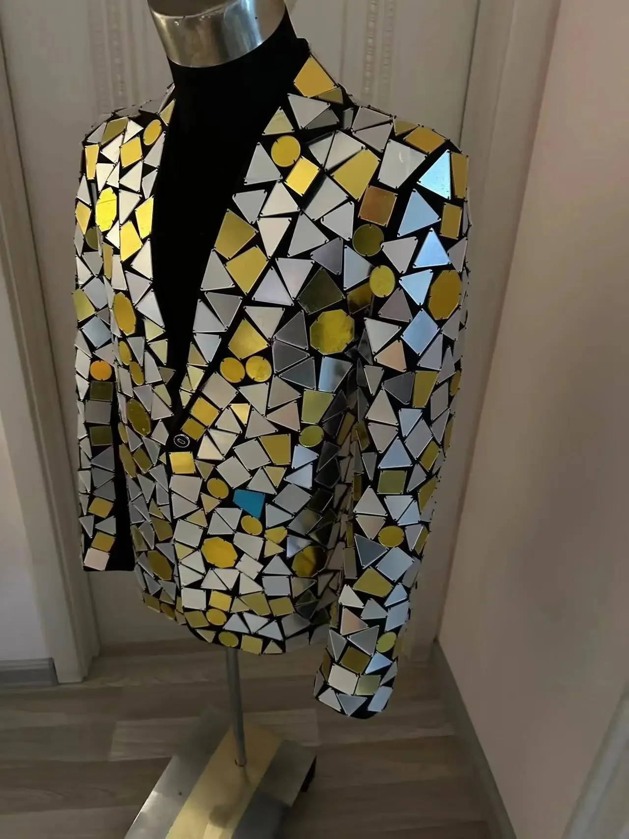 Handmade Custom Fashion Quality Men's Gold Silver Lens Suit Jacket Stage Show Singer Dancer Performance Costume