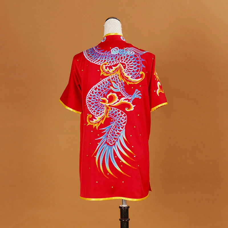 High-end Embroidered Martial Arts Wushu Uniform Changquan Routine Competition Suit Dragon Flying Short Sleeve Red Custom Unisex