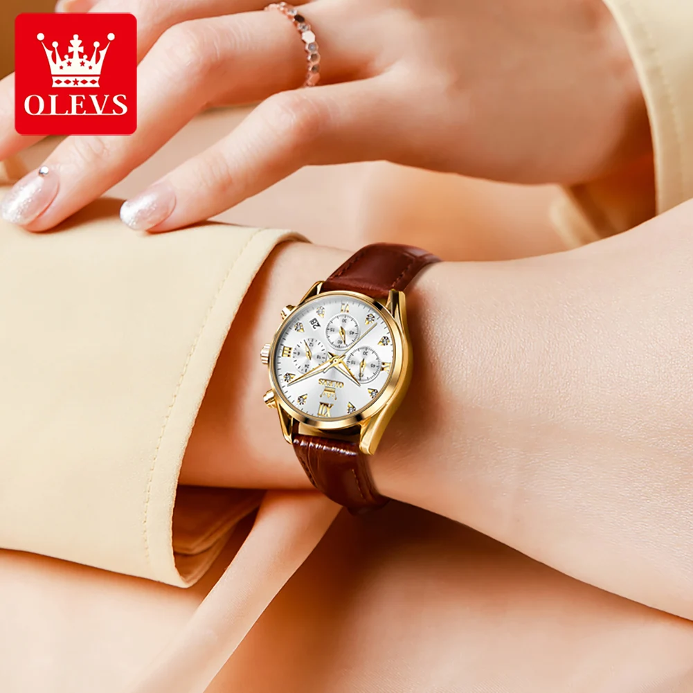 OLEVS 5523 TOP Brand Women\'s Watches Diamond Multi-function Watch Brown Strap Watch for Ladies