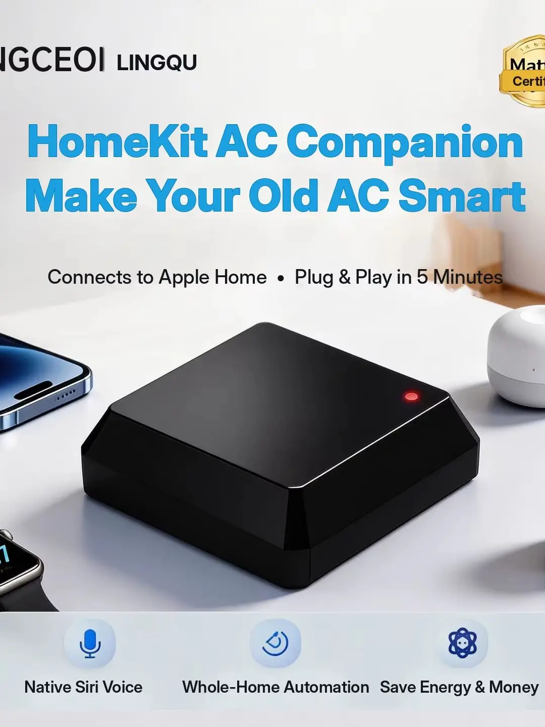 AC-N1 Matter Smart AC Remote WiFi IR Air Conditioner Controller with Temp Humidity Sensor for Apple Home Siri Alexa Google