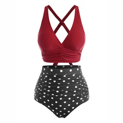Dressfo 2025 Women's Tummy Control Tankini Sets Swimsuit Vintage Swimwear Polka Dot Ruched Crisscross Summer Beach Bathing Suit