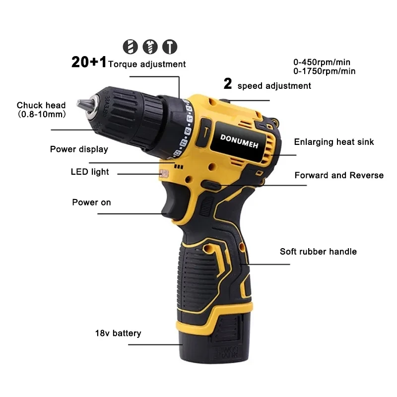 Furadeira elétrica recarregável sem fio, Mini chave de fenda, Ferramenta elétrica sem escova, Furadeira de impacto multifuncional, Luz LED, 18V