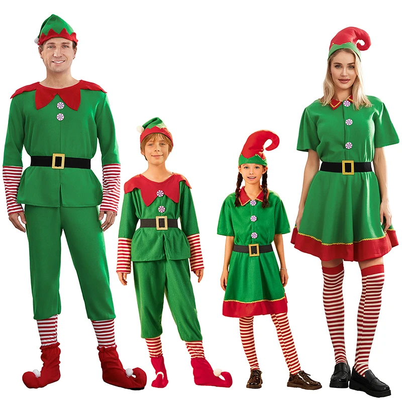 Combhasaki Costume d'elfe de Noël pour la famille Parents et enfants Robe à manches courtes Pantalon au-dessus des genoux avec chapeau, ceinture et chaussettes