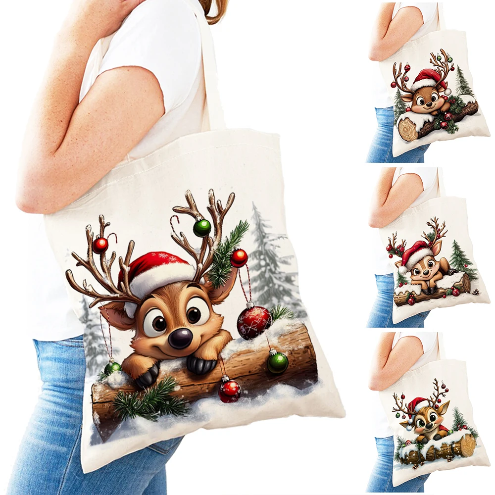 

Merry Christmas Deer Women Shopping Bags Children Gift Cute Cartoon Animal Double Print Girl Shopper Bag Lady Shoulder Tote