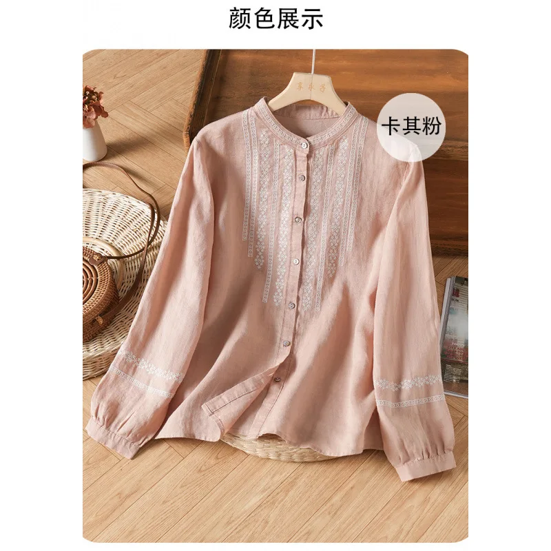 Spring New Artistic Retro Embroidery Cotton Linen Women's Artistic Retro Stand Collar Women's Versatile Long Sleeved Shirt Top