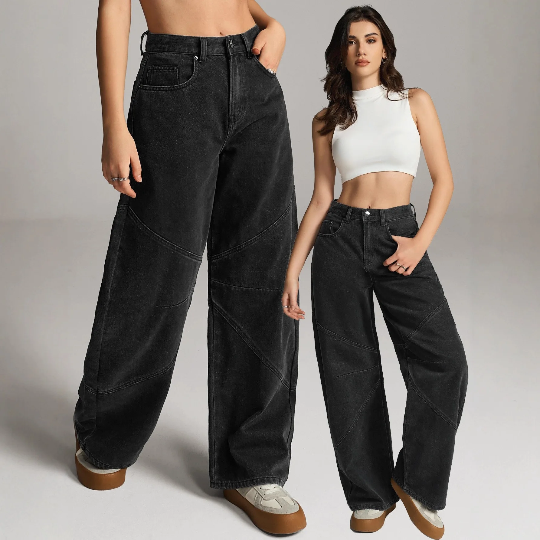 

Design Sense Splicing Jeans Women's Loose Straight Wide Legs European and American