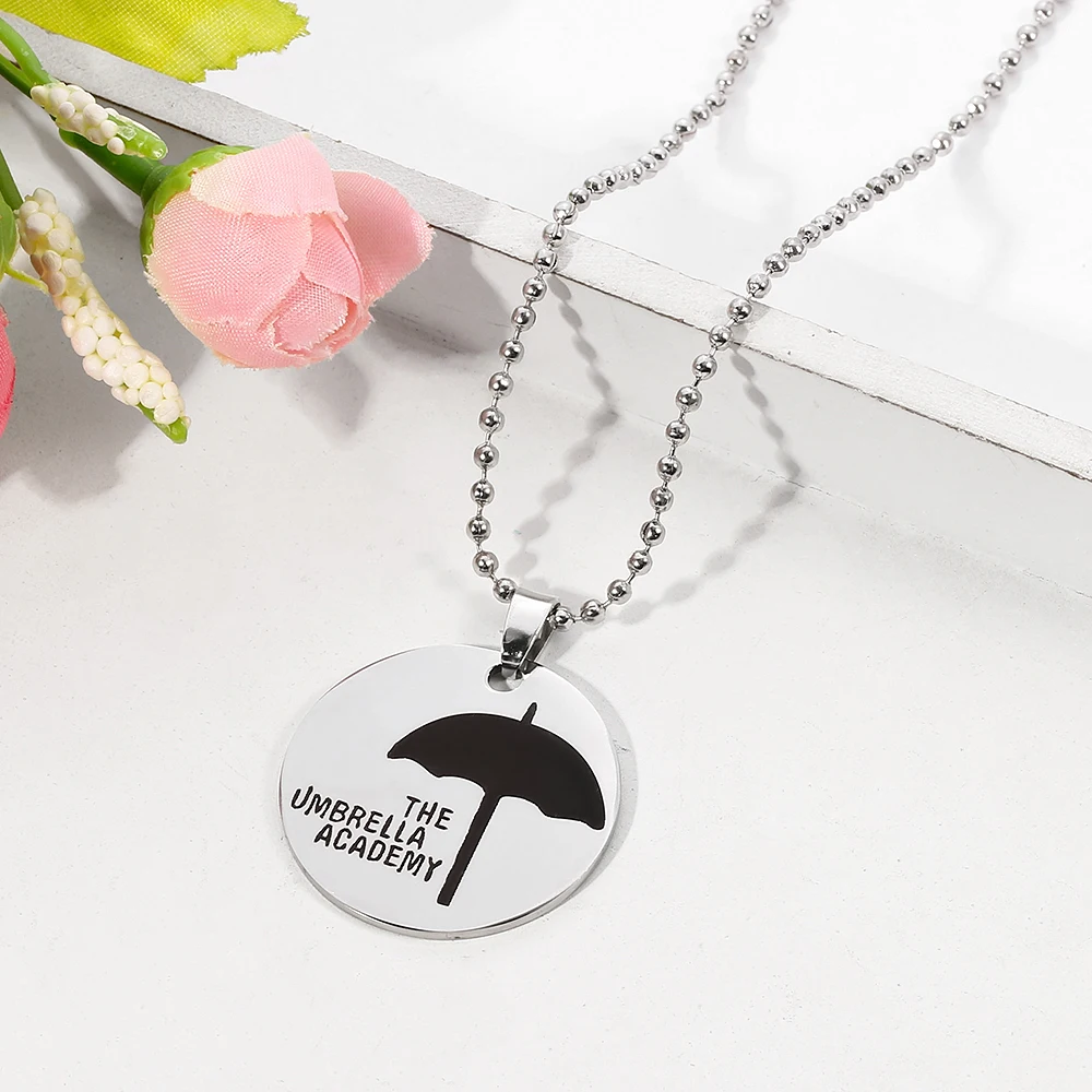 Stainless Steel Umbrella Academy Charm Necklace Cosplay Round Bead Chain Umbrella Woman Gift Letter Fashion Necklace