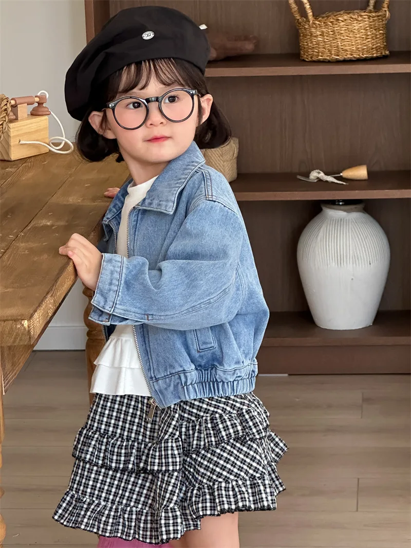 Korean 2025 autumn new product children's cake black and white plaid skirt girls' foreign-style ruffle leaf edge layer skirt