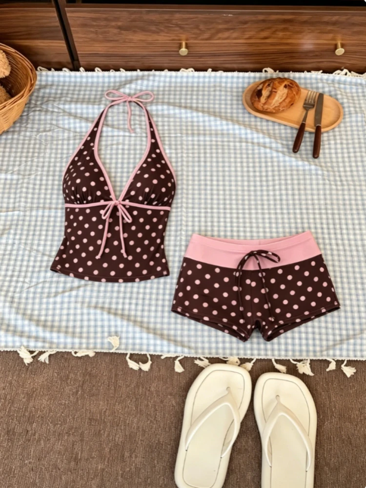 Polka Dot Bikini Two Piece Women Halter V Neck Bodycon Tie Waist Bathing Suit Summer Beach Pool Holiday Party Swimwear Outfit