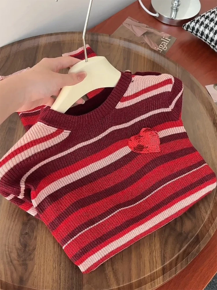 

Корейский свитер в полоску с пайетками, круглый вырез, зимний, новый, модный, больших размеров, универсальный, антивозрастной топ, женская вязаная одежда