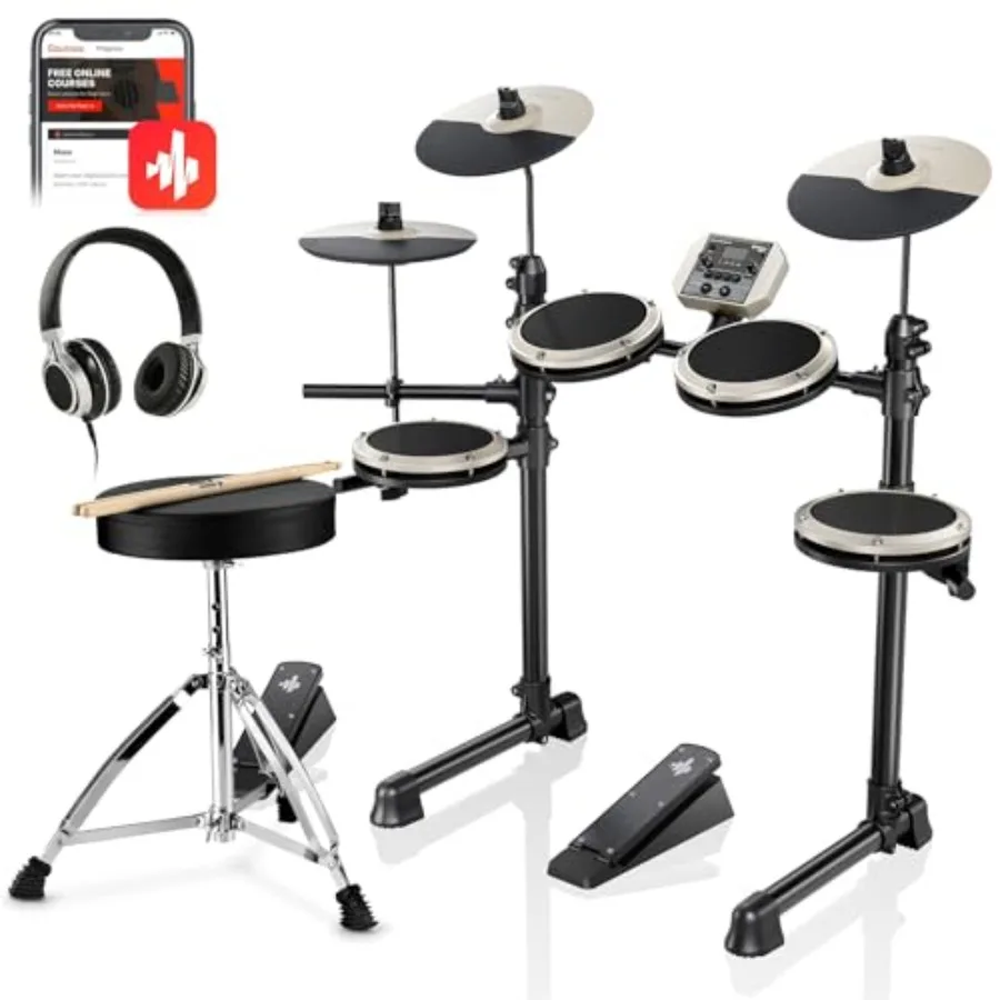 

DED-80 Electric Drum Kit with 4 Quiet Mesh Pads 180+ Sounds 30 Demo Songs 10 Cymbals 2 Pedals Throne Headphones Sticks USB MIDI