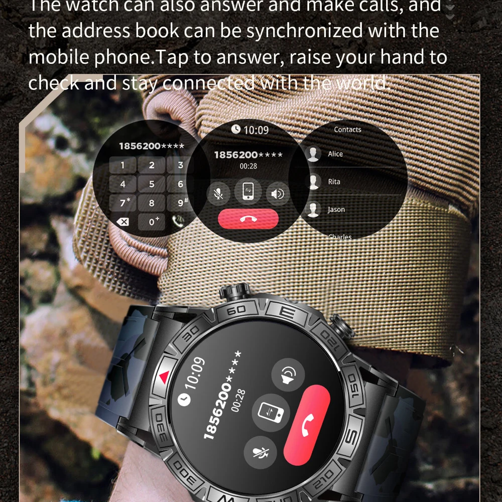 2025 ใหม่ฟันสีฟ้าโทรสมาร์ทนาฬิกาไฟฉายกันน้ําSmartwatchผู้ชายเข็มทิศกีฬาฟิตเนสเข็มทิศการตรวจสอบสุขภาพ