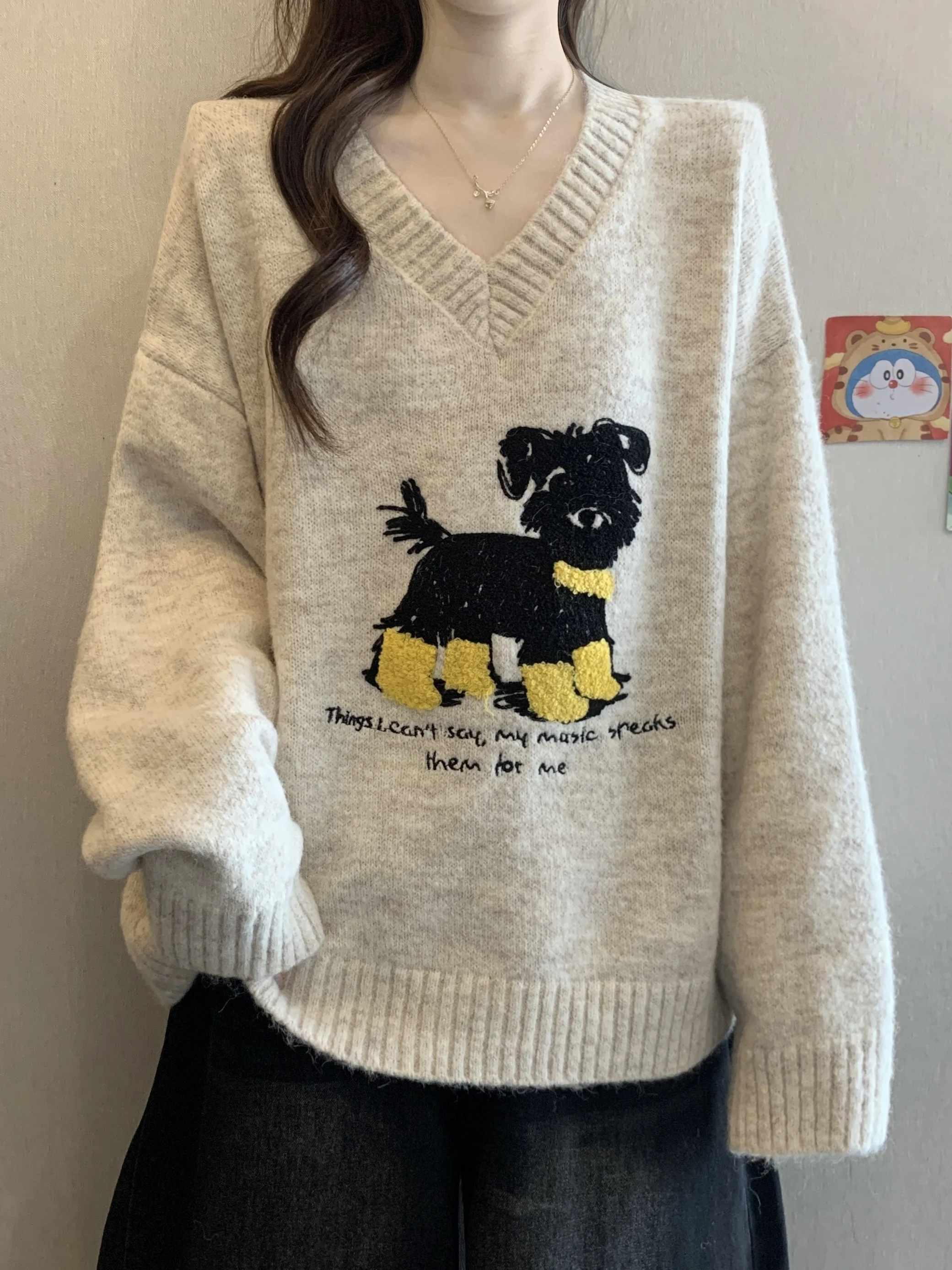 

Women's Oversized Knitted Sweater Coat with Embroidery Loose Fit Autumn Winter Faion Sweet Sle Princ Cut Breathable