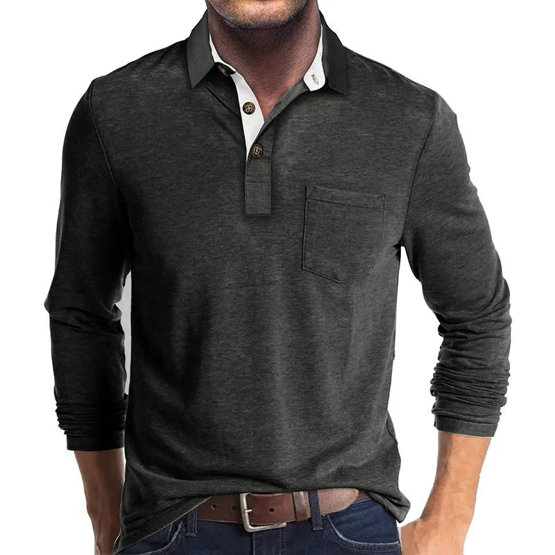 Frühling Trend männer Langarm Casual T-shirt Solide Revers Button Up Pullover Tops Herbst Drehen Unten Kragen Bodenbildung Polo-Shirt – Detail 11