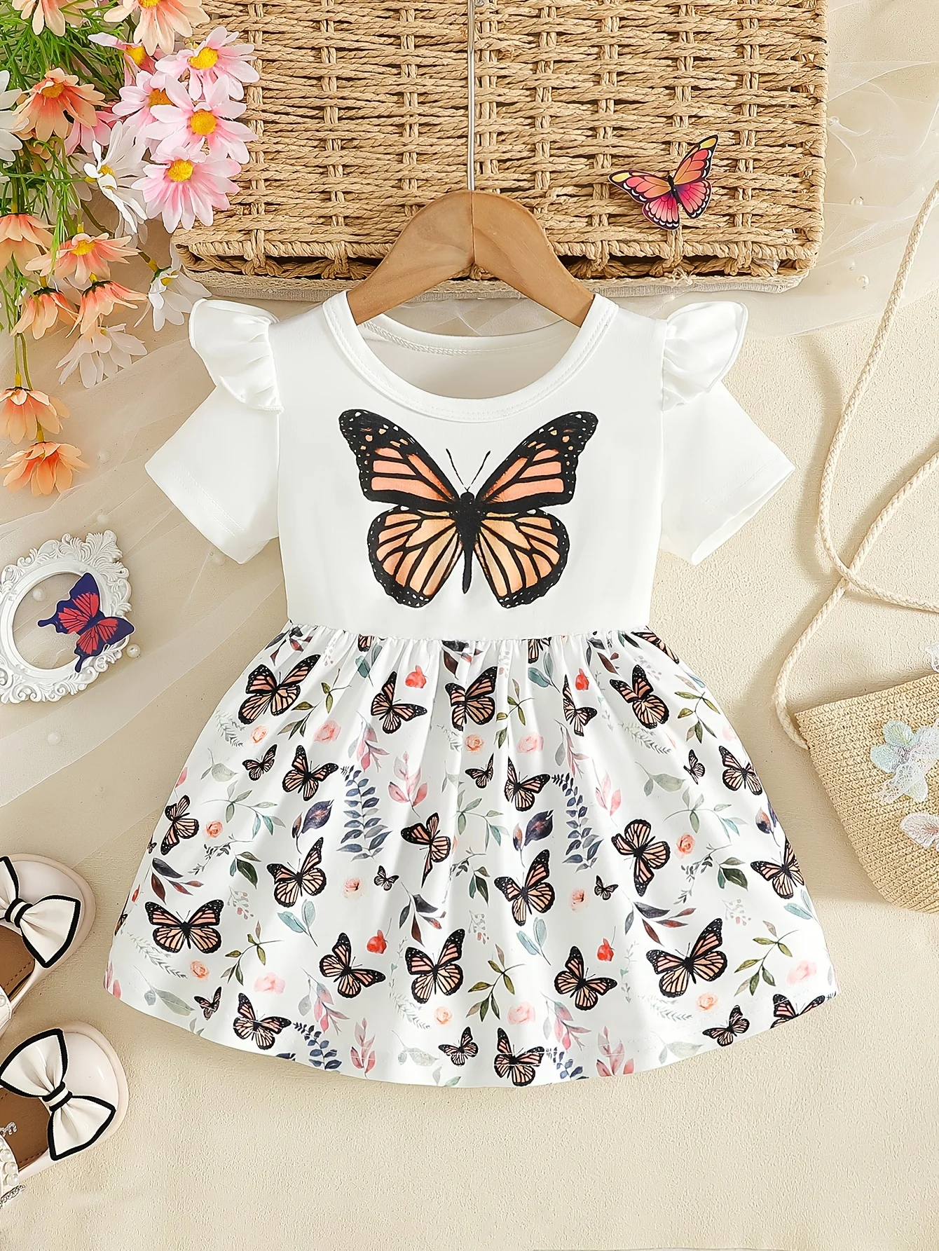 

Белое детское платье-юбка с короткими рукавами и принтом бабочки с рюшами на плечах и цветочным принтом, подарок на День святого Валентина и день рождения для повседневного использования и вечеринки