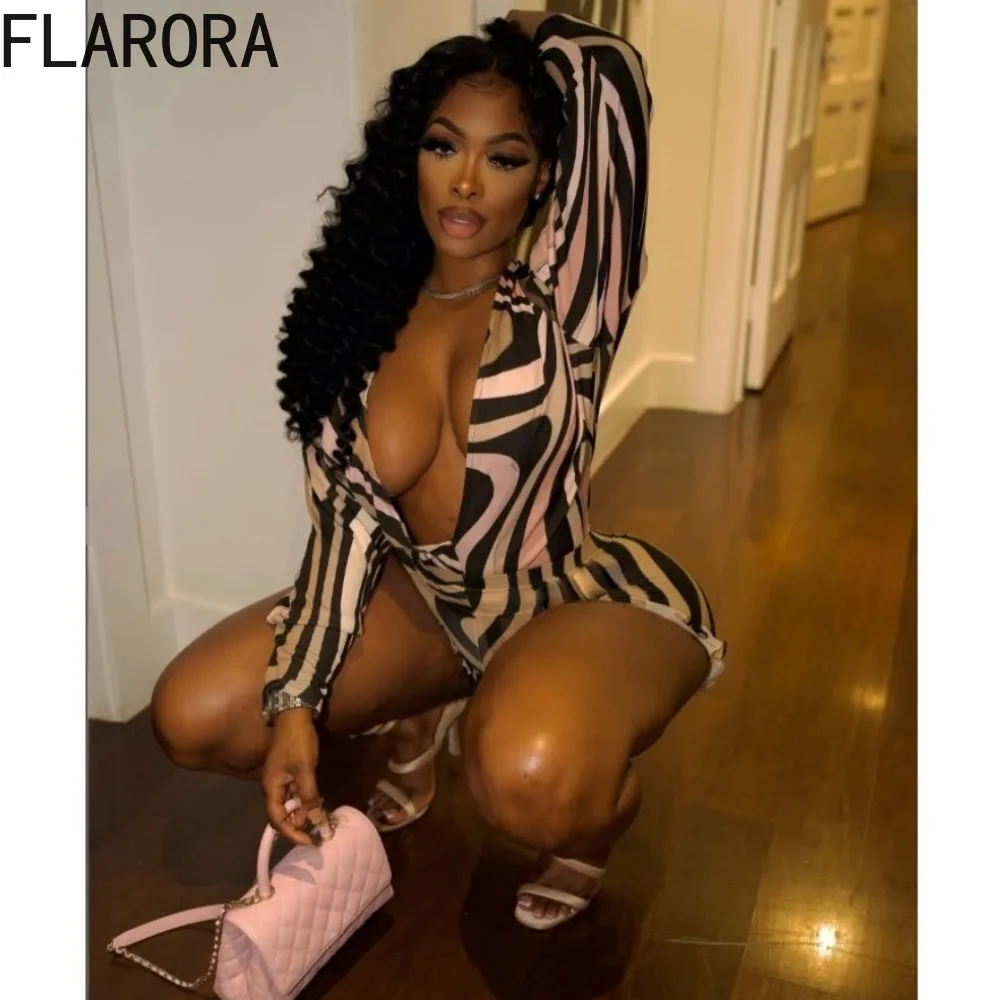 

FLARORA Fashion Stripe Printing Two Piece Sets Woman V Neck Long Sleeve Bodysuits And High Waist Shorts Outfits Sexy Mesh Suits