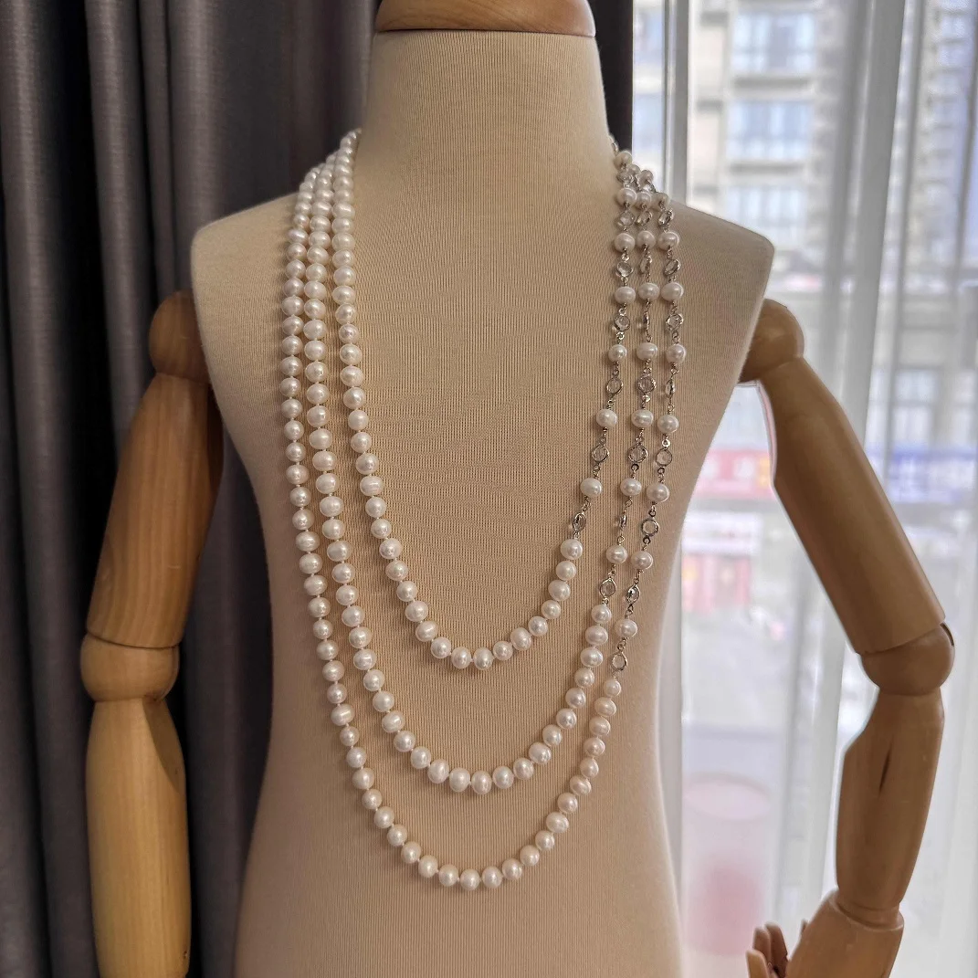 3 Rows Cultured Rice Pearl Necklace Silver Plated Connector Jewelry Gifts