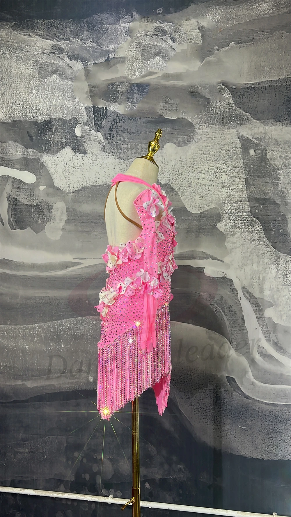 

Latin Dancer Adult Children High end Customized Pink Flower Dress Tango Samba AB Stone Performance Dress