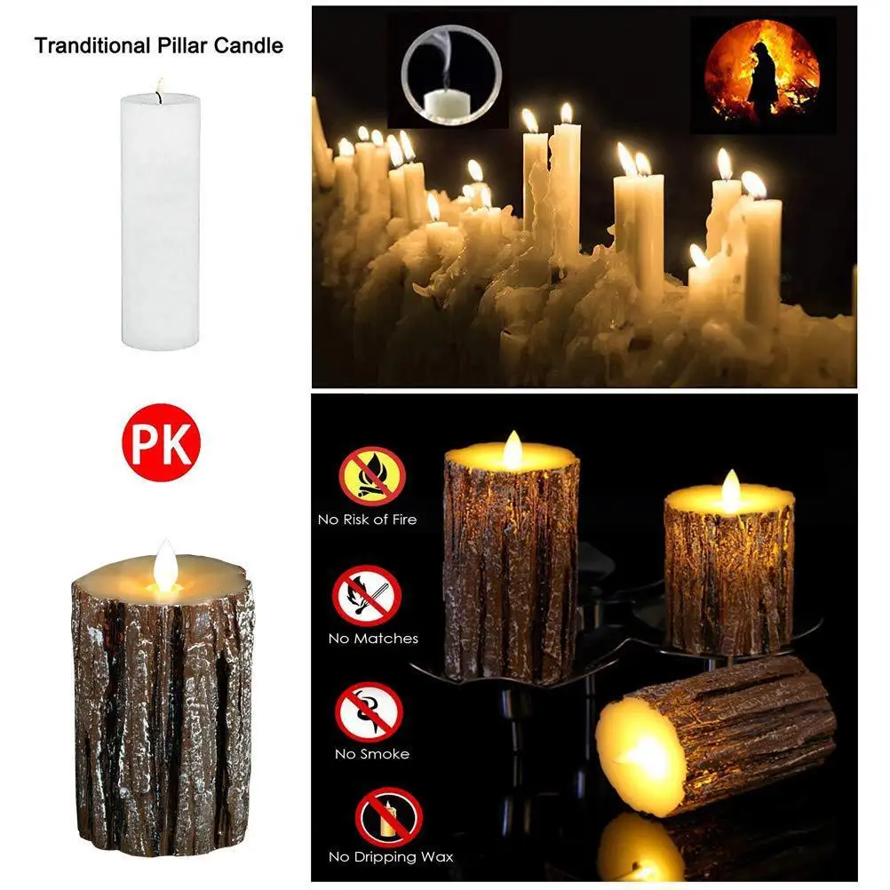 Cedar Bark Three Piece Set LED Electronic Remote Control Swing Simulation Paraffin Wax Craft Candle Light