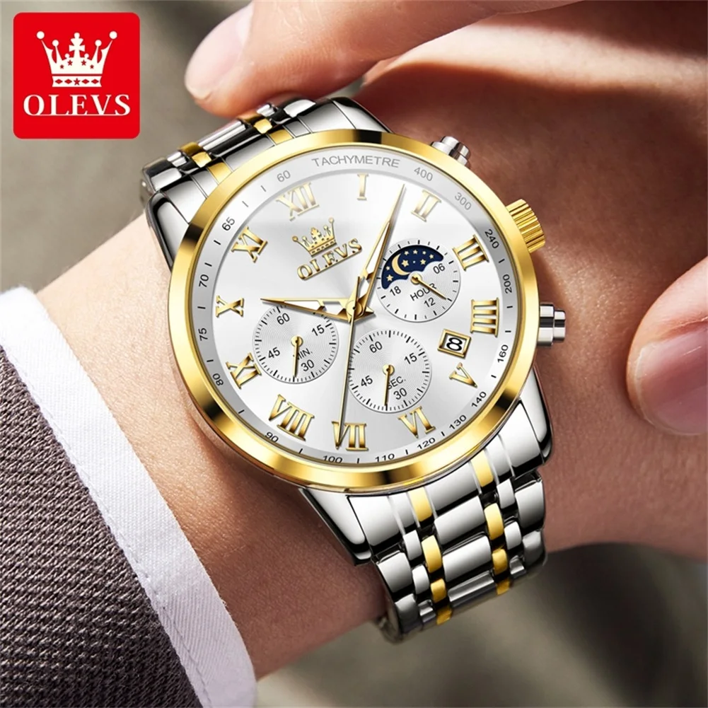 OLEVS-Men\'s Moonswatch Cronógrafo Relógio Quartz, Aço Inoxidável, Impermeável Homem Relógios de Pulso, Roman Escala Relógio Mão, 5529, Novo