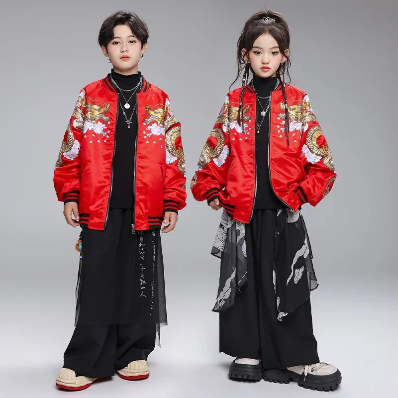 

Kid Chinese Style Hip Hop Clothing Red Dragon Baseball Jacket Black Casual Wide Leg Pants for Girls Boys Dance Costume Clothes
