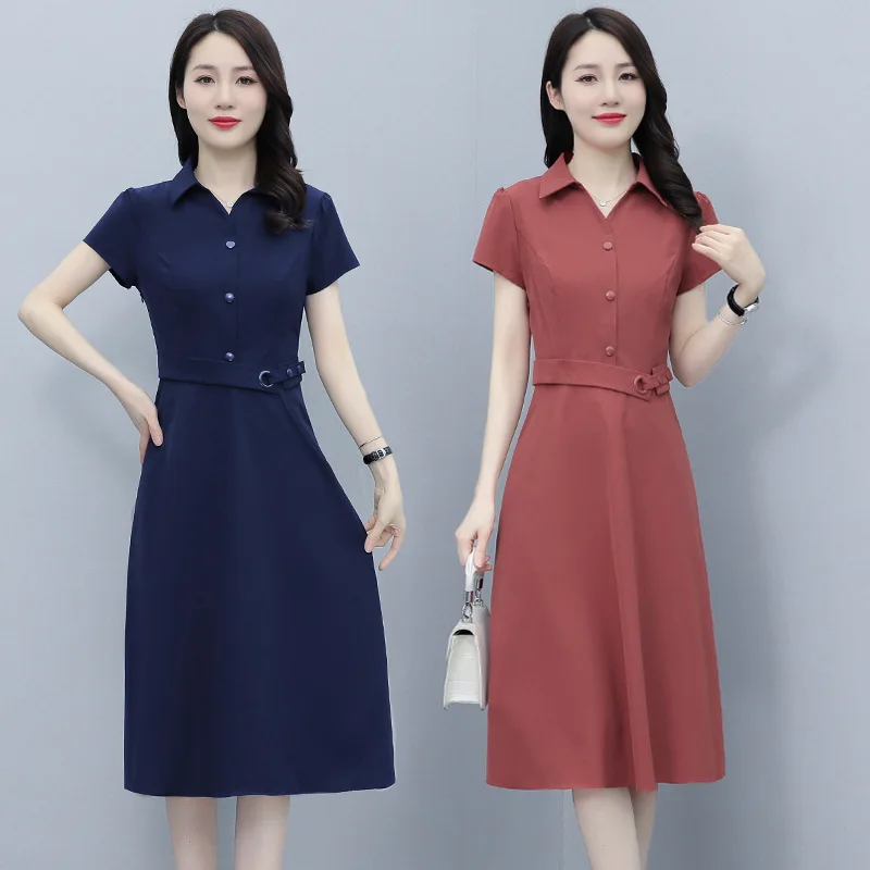 

2024 New Fresh and Sweet Summer Women Dress Short Sleeve Lapel Mid-length Dress Slim Elegant Temperament Dress Large Size