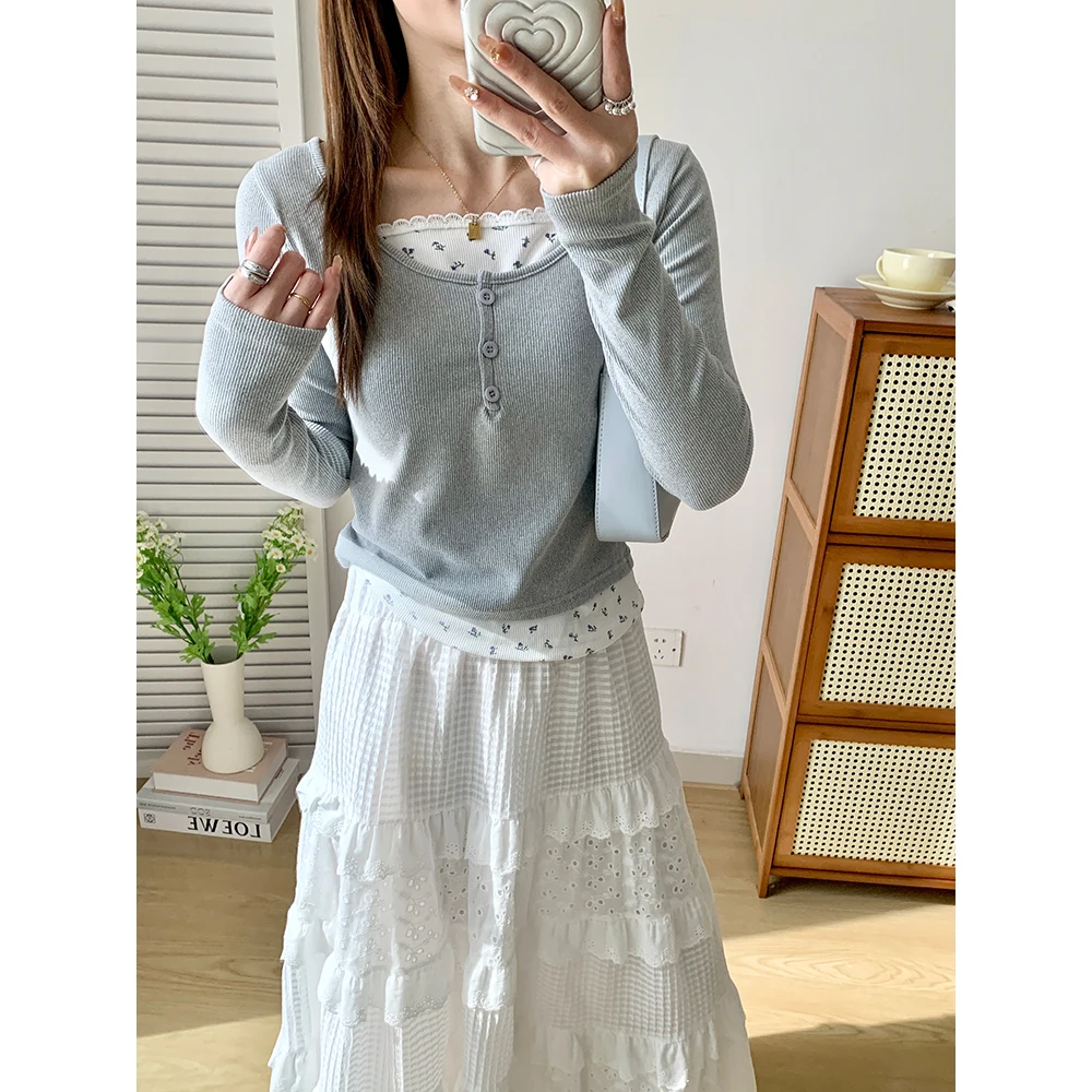 

Gray Floral Print Fake Two-Piece Long Sleeve Top Women's Spring Summer Short Style Knitted Sweater Casual Fashion Trend