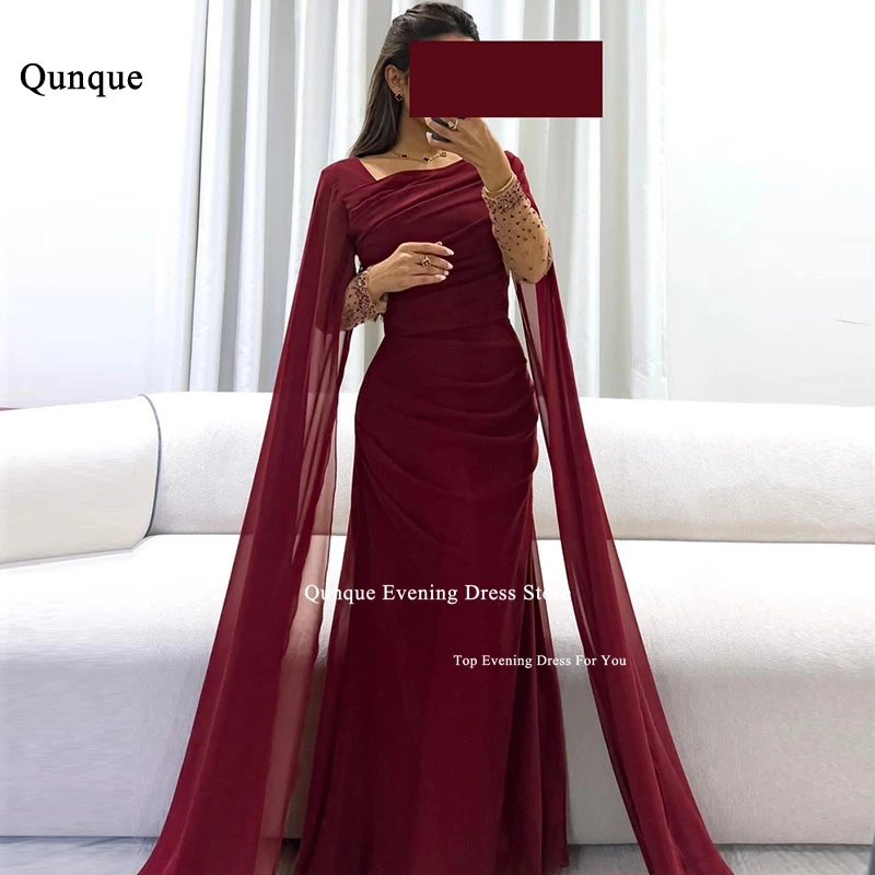 Qunque Graceful Customized Women\'s Mermaid Evening Dresses Pretty Cape Beaded Burgundy Prom Gowns Sexy Split Vestido Festas Luxo