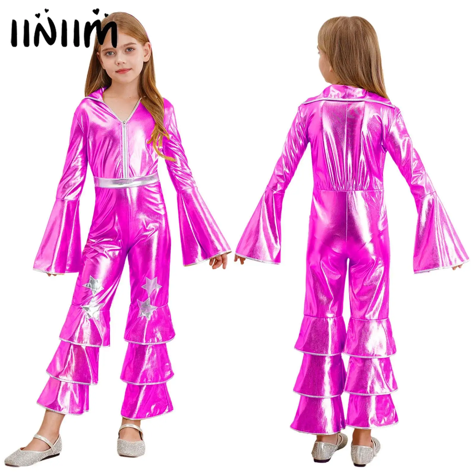 

Girls Shiny Metallic Bell Bottom Jumpsuit Bodysuit Jazz Dance Stage Wear 1970s Disco Cosplay Costume Carnival Rave Party Suit