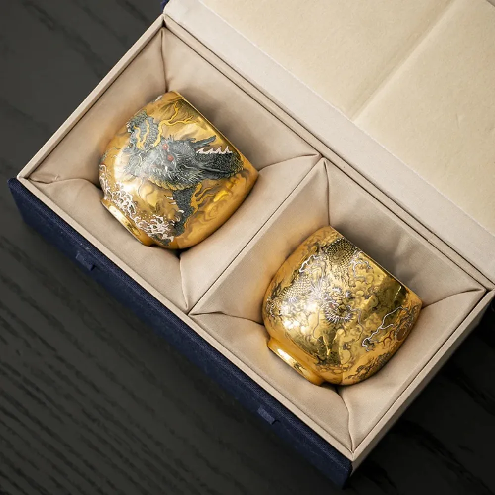 Luxury Tea Cup Set Ceramic Kung Fu Tea Cup Gold Finish Aesthetic Zen Tea Ceremony Cup Pair Decorative Gift Set