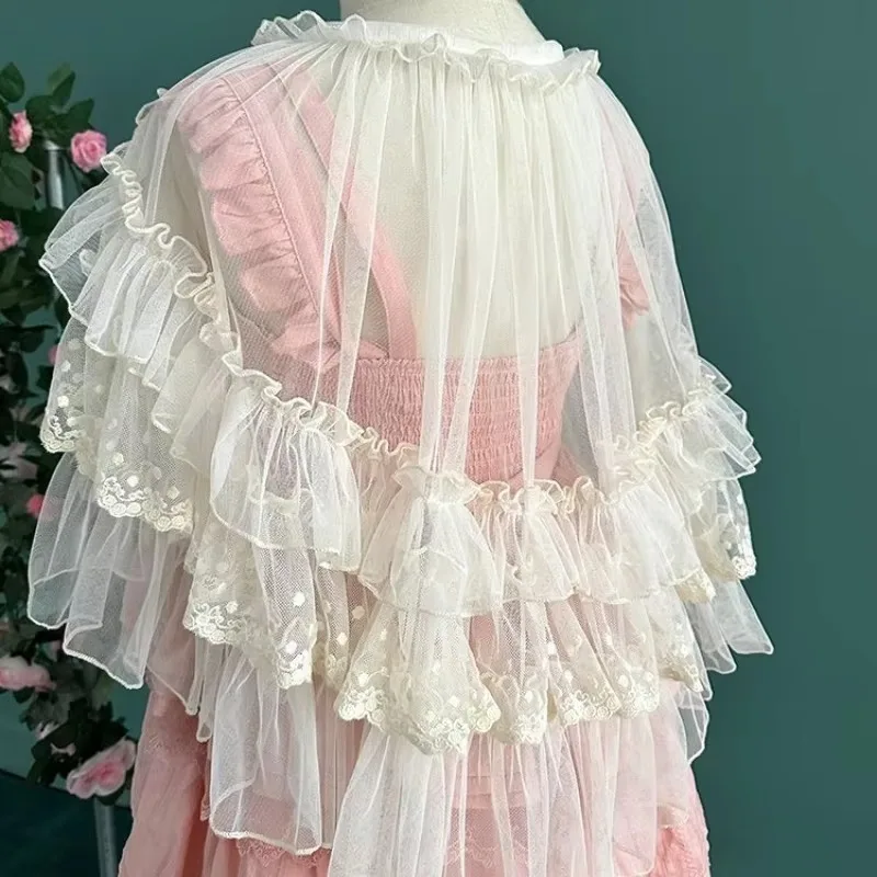 Women Sweet Kawaii Lolita Short Shawl Poncho Mesh Open Front Cape Cardigan