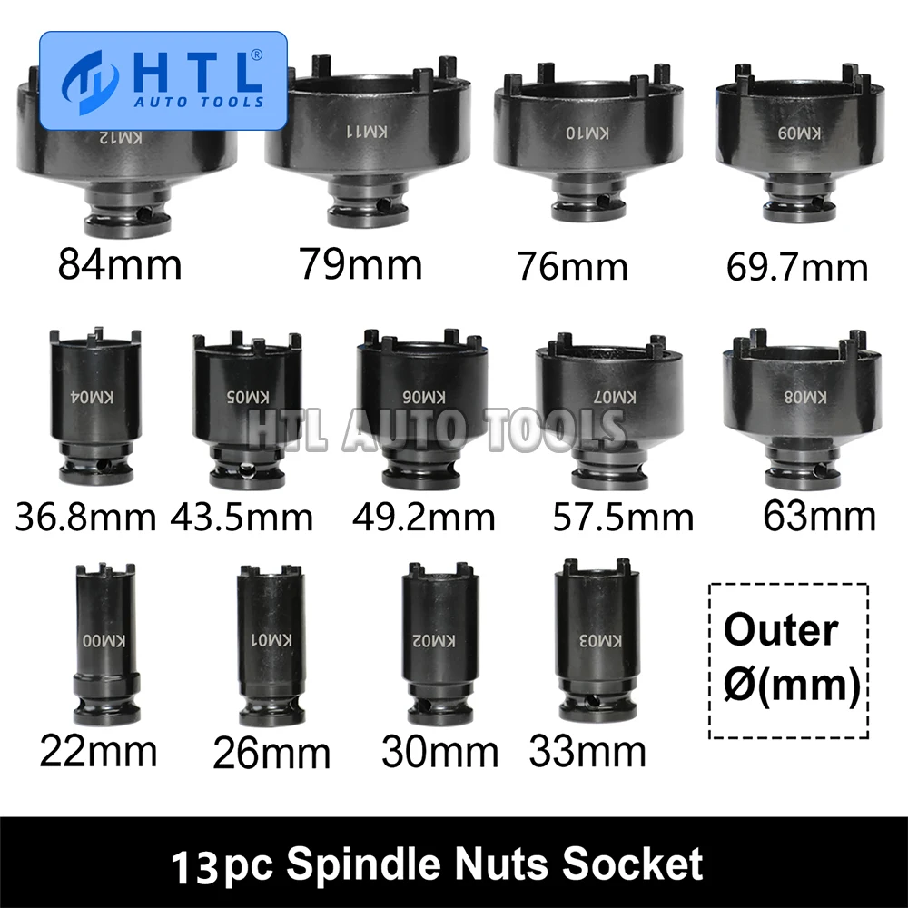 13pc Spindle Nuts Socket Kit Ball Joints Axle Locknut Remove Install Locking Hub Socket for KM Groove Nuts