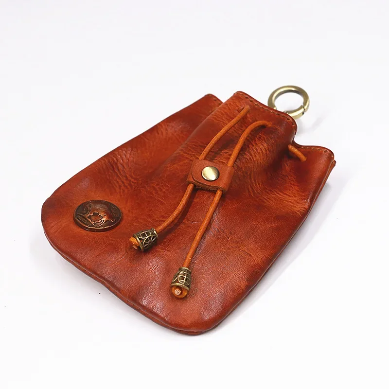 Vintage Original Leather Men Coin Purse Wrinkle Waist Bag Cowhide Drawstring Pouch Change Purse Money Pocket Card Holder Wallet