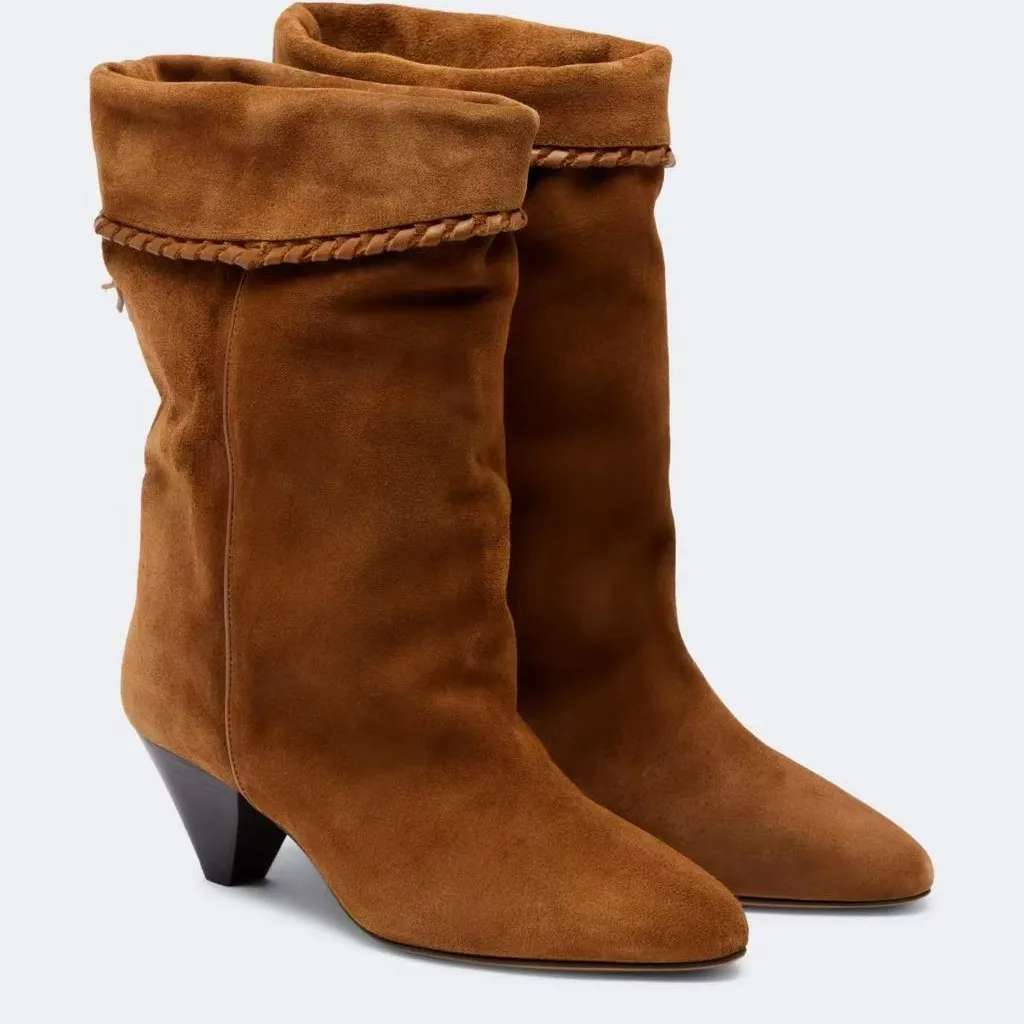 Fashion Coffee Yellow Brown Suede Spike High Heels Middle Boots Pointed Toe Back Tassel Slip On Women Footwear Runway Boots