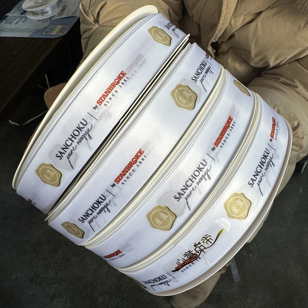 Cinta impresa personalizada de 16mm-75mm, caja de regalo de satén de color Personal, envoltura para hornear, pulsera de aniversario de cumpleaños y boda, fabricación de lazos DIY