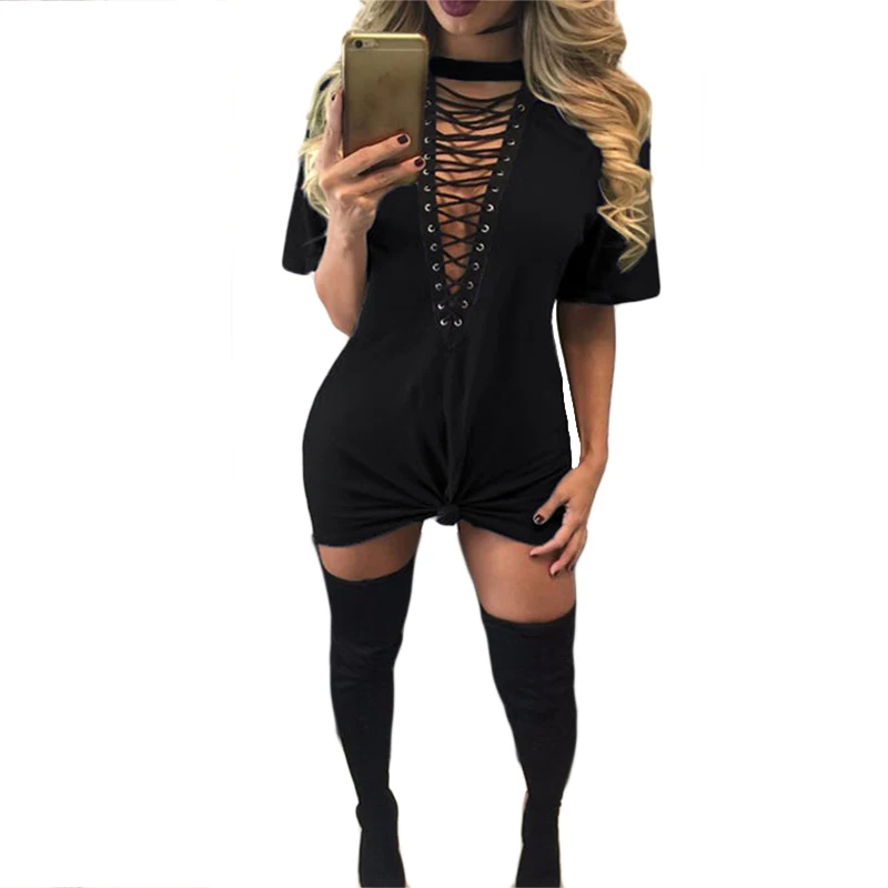 XXL Sexy Bandage Aushöhlen frauen Kleider Spitze Up Bodycon Weibliche Vestidos Damen Party V-ausschnitt Mini Kleid Grau Rot weiß Schwarz