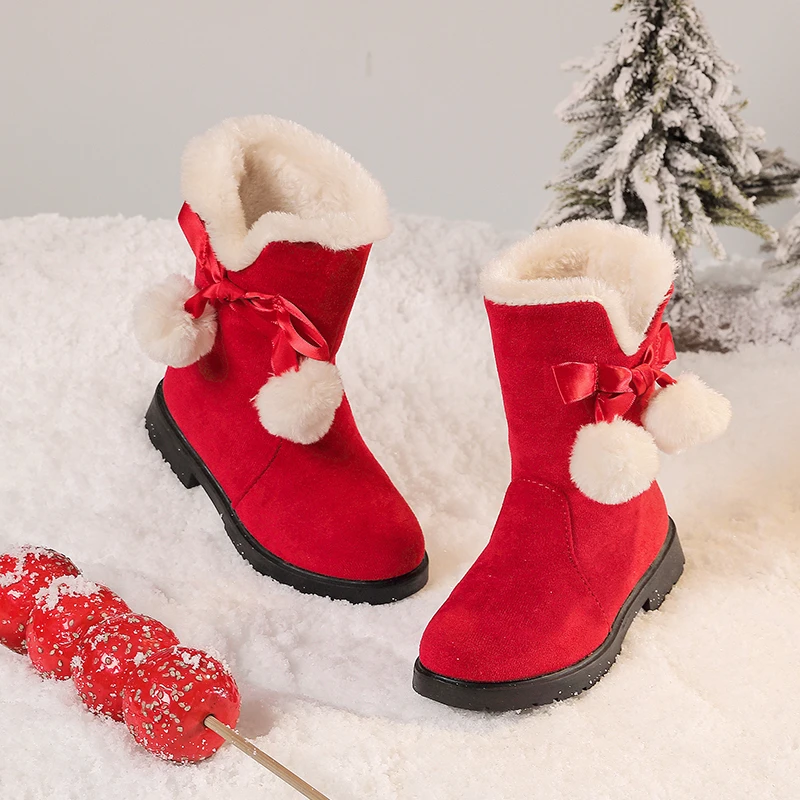 *2026 Autumn/Winter Fashion Sweet Baby Girls Velvet Warm Colorful Bow Square Heel Casual Comfortable Cute Boots Girls Boots