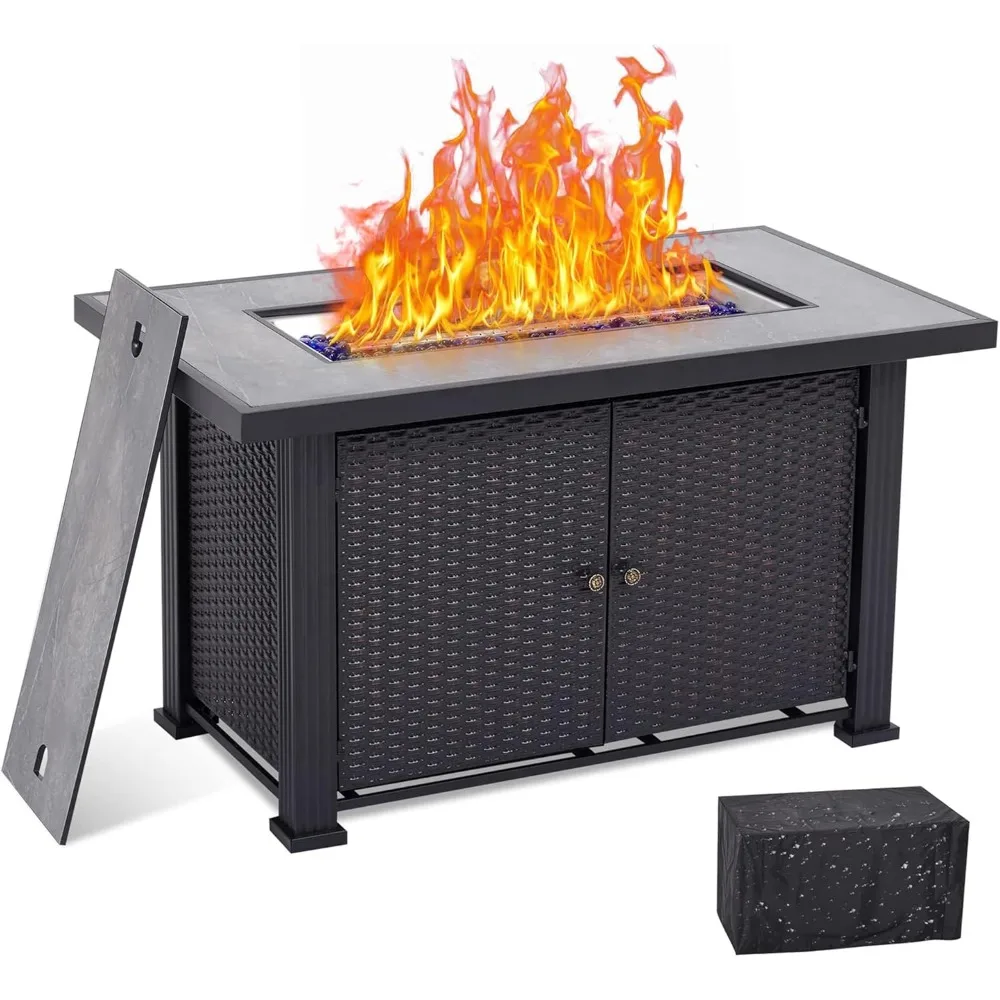 

44 Inch Propane Outdoor Fire Pit Table, 50000BTU Rectangle Double Door Fire Table with Cover, Slate Tabletop/Hidden Ignition/Gla