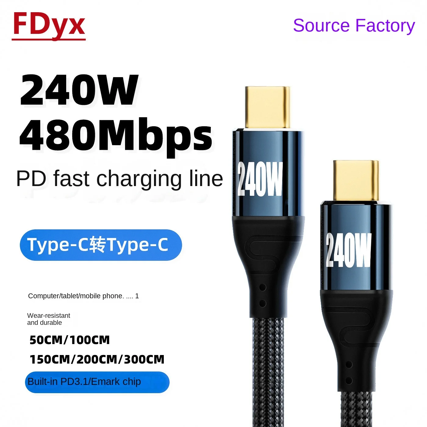 USB-C 240W Type-C Cable 480Mbps 90 Degree Right Angle 48V 5A Compatible with USB 2.0 100W Charging for Laptop Tablet Phone 10FT