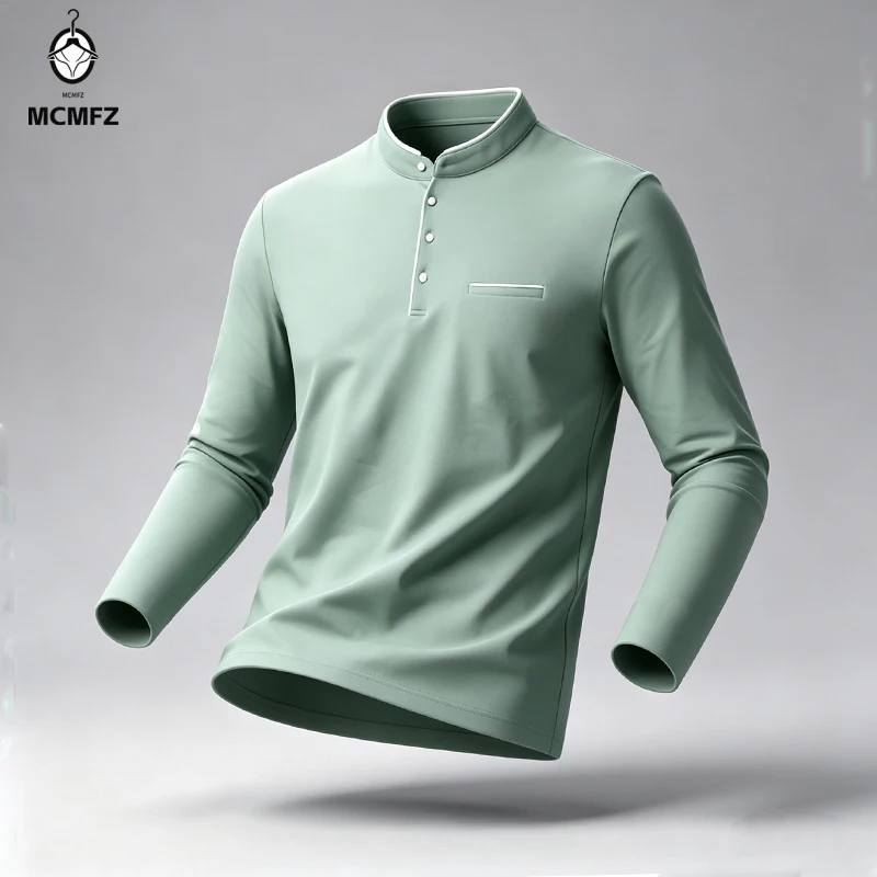 Mens Mandarin Collar Long Sleeve Tee Breathable Stretch Fabric Half Placket Casual Office Wear Basic Shirts