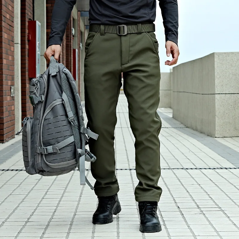 Calça tática masculina de algodão softshell, calças resistentes a rasgões de treinamento do exército, calças estrias impermeáveis de lã à prova de vento