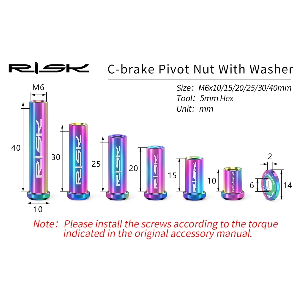 Road Bike C-Brake Pivot Nut with Washer,Bicycle Brake Caliper Nut, Titanium Fixing Bolt, M6 X 10/15/20/25/30/40mm,Cycling Parts