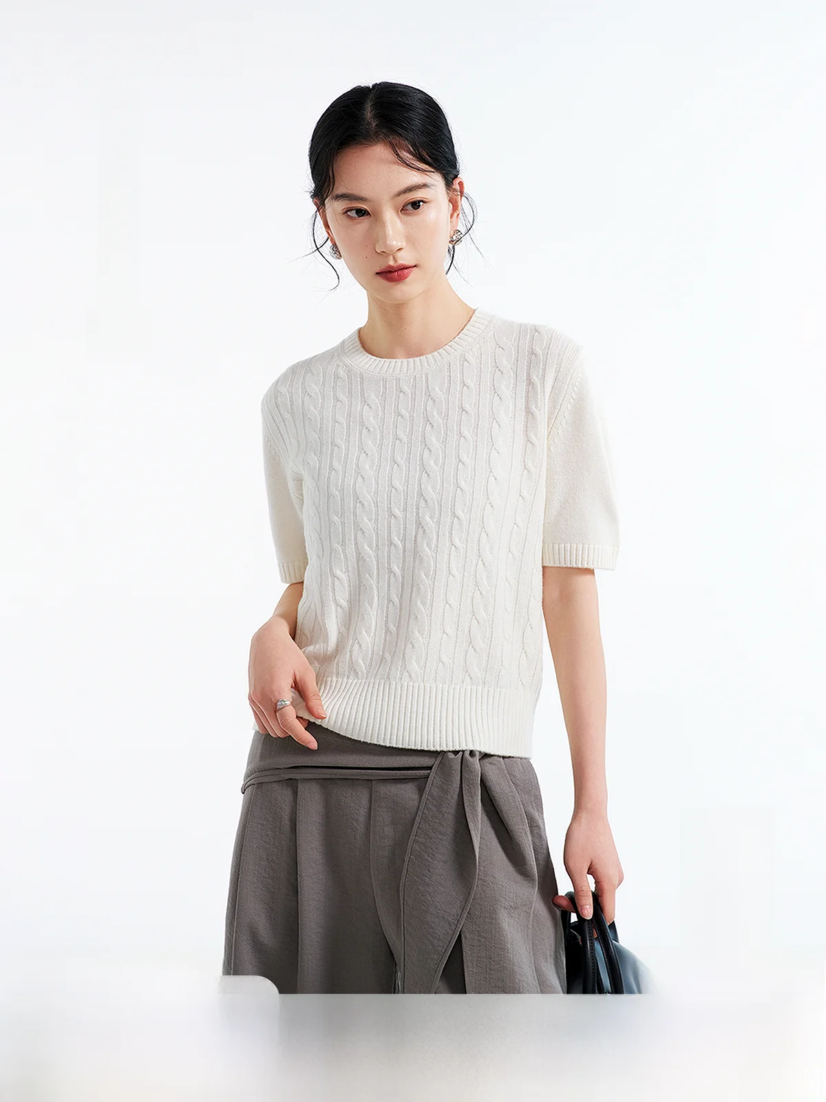 

100% Pure Wool Vintage Twist Knitted Short Sleeve Merino Wool Fine round Neck Shoulder T-Shirt 5 Colors Women's Knitted Top